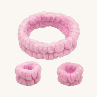 Pink plush spa headband and wristband set for kids, soft and comfortable for beauty play or skincare routines