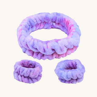 Purple plush spa headband and wristband set for kids, soft and comfortable for beauty play or skincare routines
