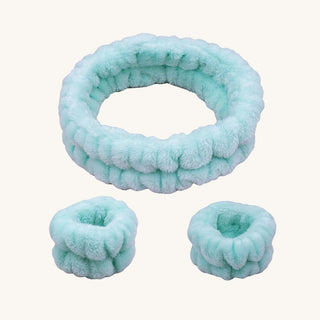Mint plush spa headband and wristband set for kids, soft and comfortable for beauty play or skincare routines