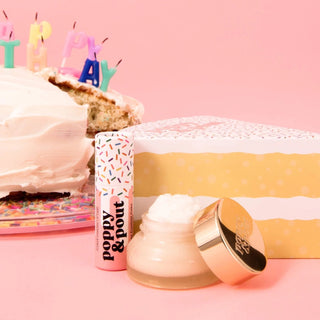 Poppy and Pout lip scrub and balm set packaged as a birthday gift for girls, made with natural ingredients and ethically sourced beeswax