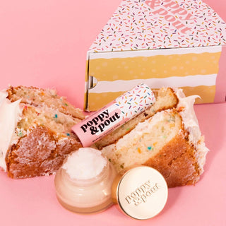 Poppy and Pout lip scrub and balm set packaged as a birthday gift for girls, made with natural ingredients and ethically sourced beeswax
