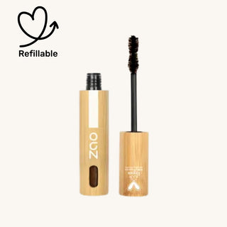 Refillable organic mascara for teens in black, bluem and brown shades, made with natural-origin pigments for soft lash definition