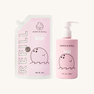 Refillable shampoo and kids bath products in strawberry or coconut scent