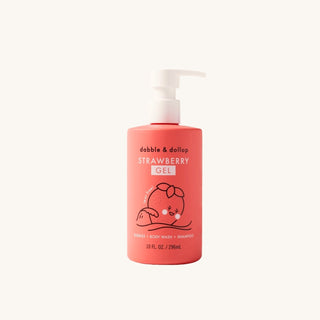 Refillable shampoo and kids bath products in strawberry or coconut scent