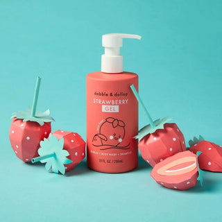 Refillable shampoo and kids bath products in strawberry or coconut scent