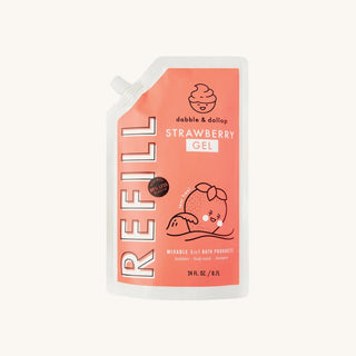 Refillable shampoo and kids bath products in strawberry or coconut scent
