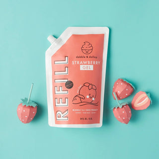 Refillable shampoo and kids bath products in strawberry or coconut scent