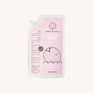 Refillable shampoo and kids bath products in strawberry or coconut scent