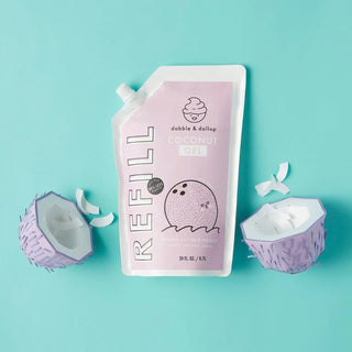 Refillable shampoo and kids bath products in strawberry or coconut scent