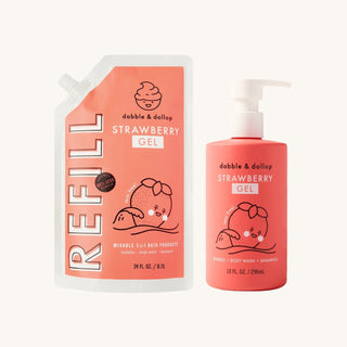 Refillable shampoo and kids bath products in strawberry or coconut scent