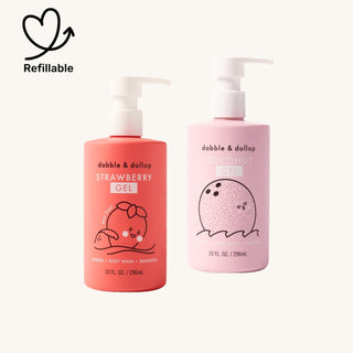 Refillable shampoo and kids bath products in strawberry or coconut scent