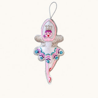 Daydream Society Sugarplum Fairy Ornament with silver wings, a pastel beaded skirt and hanging loop on a cream background.