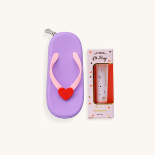 Summer birthday gift bundle with purple silicone flip-flop accessory bag and all-natural strawberry lip gloss for kids