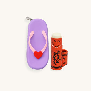 Summer birthday gift essentials for kids with a silicone flip-flop accessory bag and Chipper Cherry natural lip balm