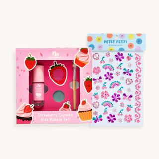 The Sweetest Strawberry Makeup Kit for Girls featuring Strawberry Cupcake makeup and strawberry sticker gems for kids