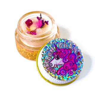 Unicorn Balm with gold unicorn makeup brushes and natural kids makeup for safe, shimmering, multi-purpose fun
