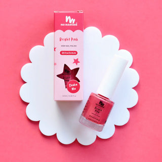 Bottle of bright pink peel-off, water-based non toxic nail polish for kids, a kid safe nail polish free from harmful chemicals