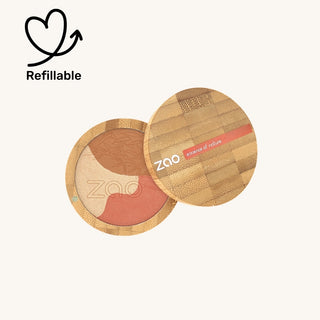 Zao makeup blush bronzer duo with a heart and arrow symbol above them indicating refillable on a white background